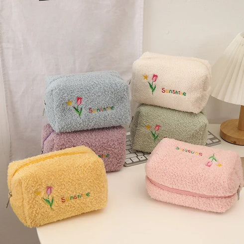 Cute Cosmetic Storage Bag Embroidered Flowers Cosmetic Bag Pencil Case Soft plush Makeup Bag for Lipstick Jewelry Pouch